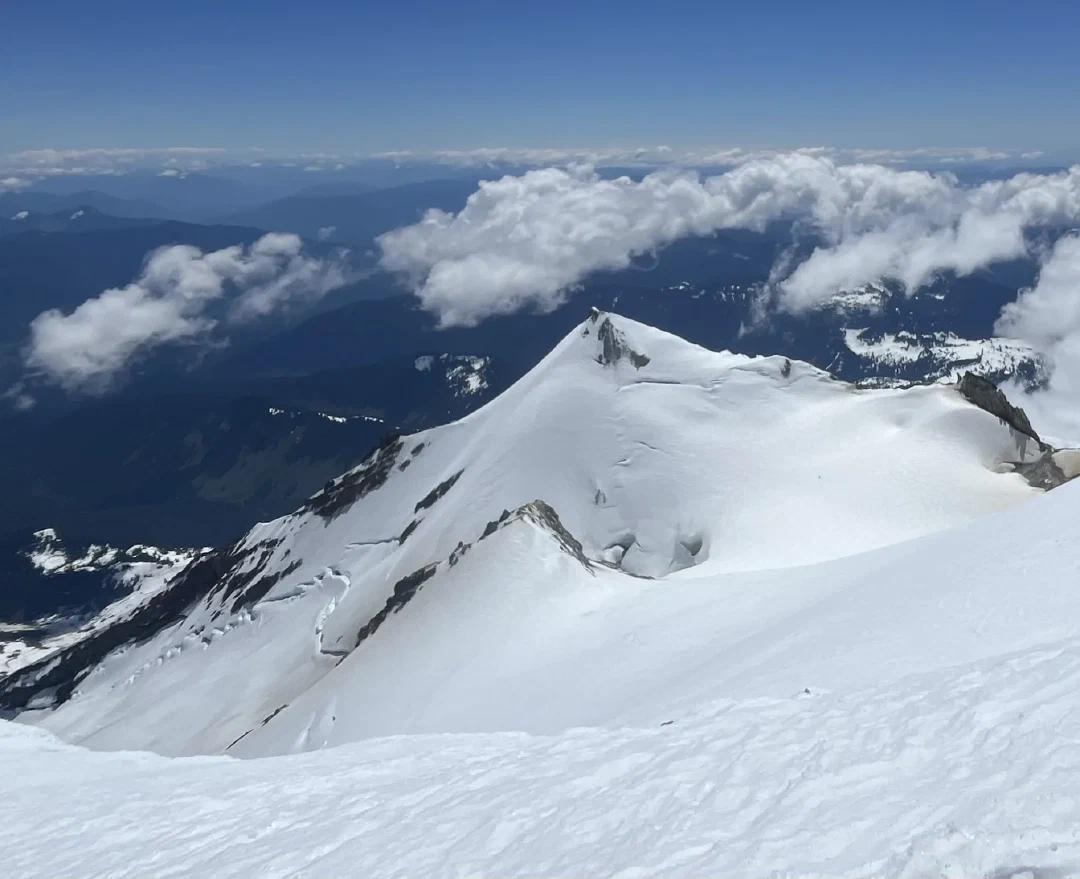 Mt Baker summit view over Sherman Peak and the Talum and Boulder glaciers.