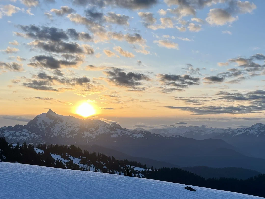 Sunrise view from camp, looking towards Mount Shuksan.