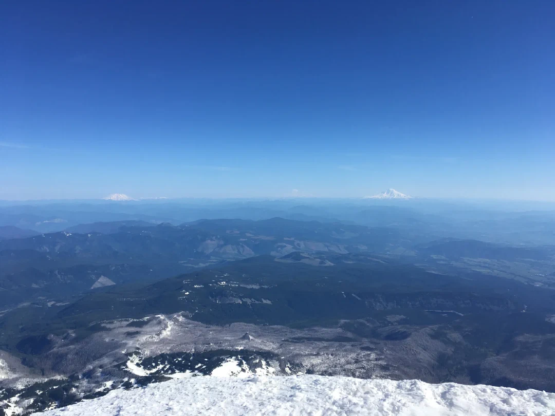 Looking north from the summit: Mt St Helens, Mt Rainier (barely), and Mt Adams.