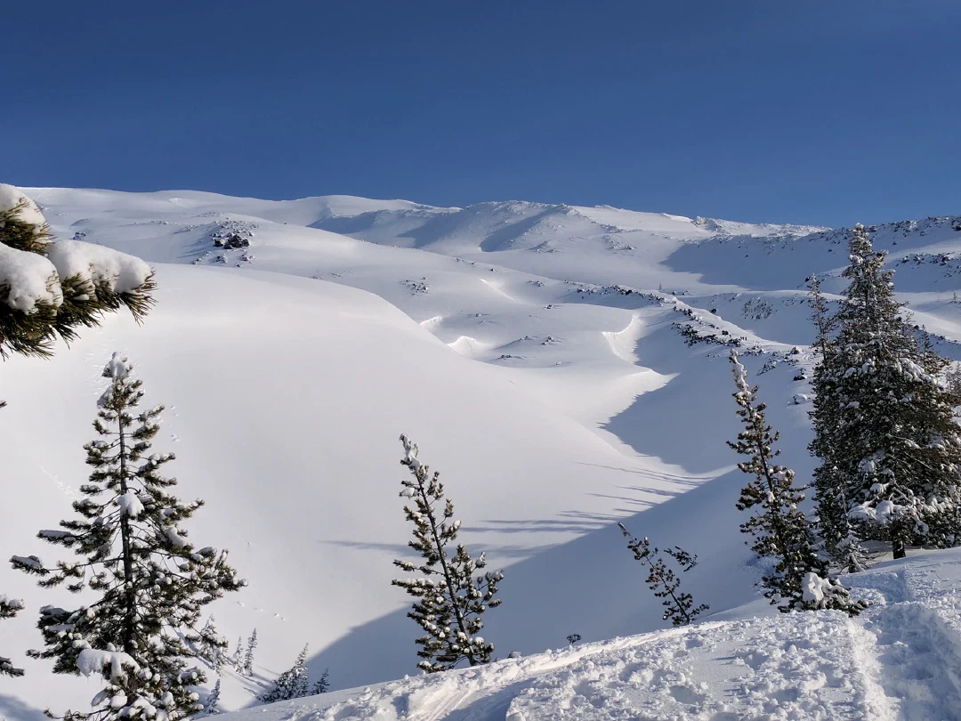 Wind-sculpted drifts climbing toward the upper slopes in morning light