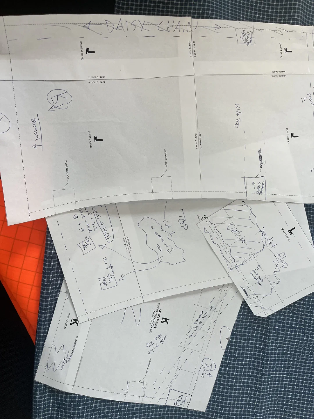 Pattern sheets, mid-iteration and hand-annotated with measurements and change notes.