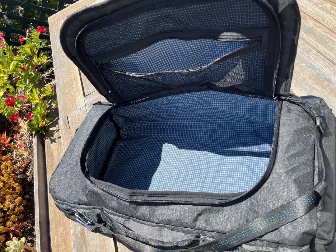 The main compartment open, blue gridstop throughout