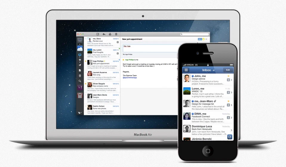 Sparrow on laptop and iPhone. See also: .Mail, Check the Mail, Evomail, Inky, Mailbird, Mail Pilot, Postbox, Taskbox.